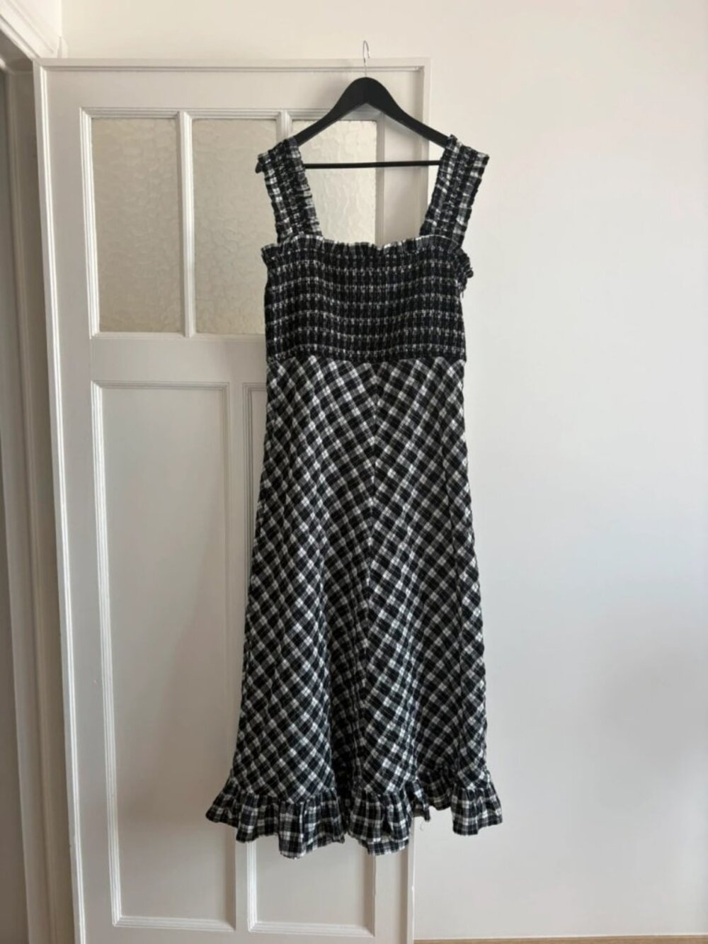 Ganni Black & White Checked Smocked Midi Dress XL